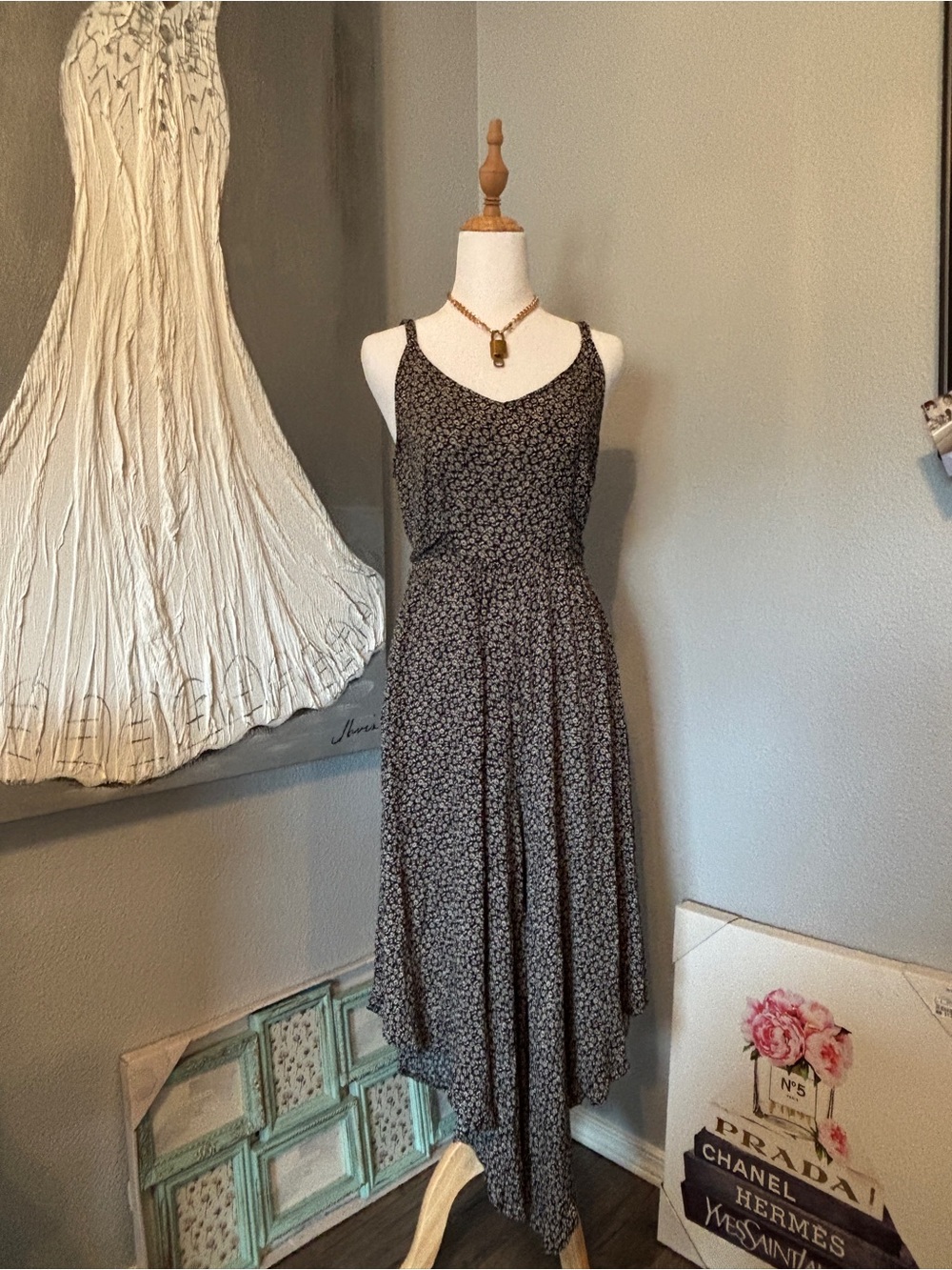 Floral Black Handkerchief-Hem Jumpsuit